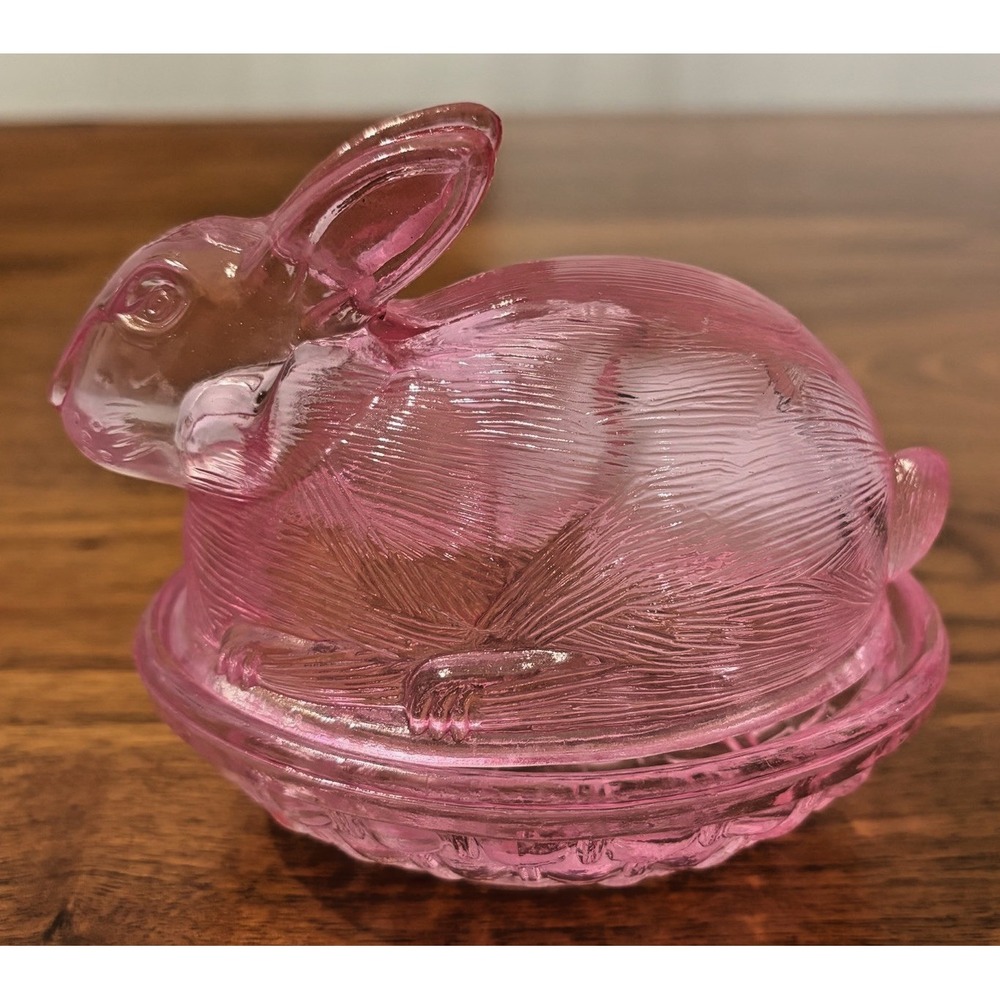 Vintage Pink Glass Bunny on Basket Nest Covered Candy Dish Rabbit LE Smith
